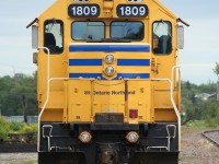 Power from Ontario Northland's recently arrived train no. 516 from Hearst idles in the siding at Kapuskasing waiting for train no. 313 to arrive from Cochrane.