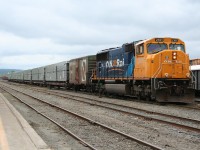 Ontario Northland SD75i 2101 puts together a work train at Englehart yard to take down to Temagami where the work cars will be parked for the next little while supporting track maintenance activities on the Temagami subdivision.