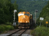 Ontario Northland train no. 214 from Englehart splits the de-activated block signals at the north end of the platform at the North Bay train and bus station (now just a bus station with the cancellation of the 'Northlander' passenger train a few years ago) approaching its final destination in North Bay yard with southbound traffic for CN and OVR.