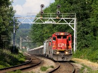 CN has recently pulled its SD40-2Ws and SD60s out of transfer service in the Vancouver-area, replacing them with the ex-UP/Santa Fe C40-8s. On a nice, sunny afternoon, CN 2118 (formerly UP 9083, CNW 8571) is seen leading a northbound Thornton Yard to Lynn Creek (North Vancouver) transfer. 