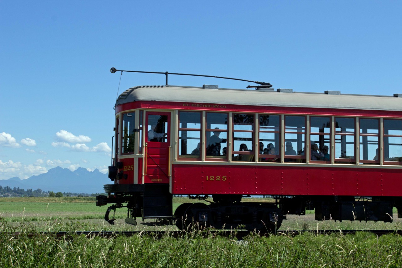 Restored B.C. Electric Interurban rail car operating near Cloverdale, B.C.

Restored and operated by Fraser Valley Heritage Railway Society.