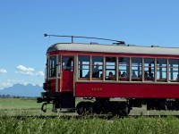 Restored B.C. Electric Interurban rail car operating near Cloverdale, B.C.

Restored and operated by Fraser Valley Heritage Railway Society. 