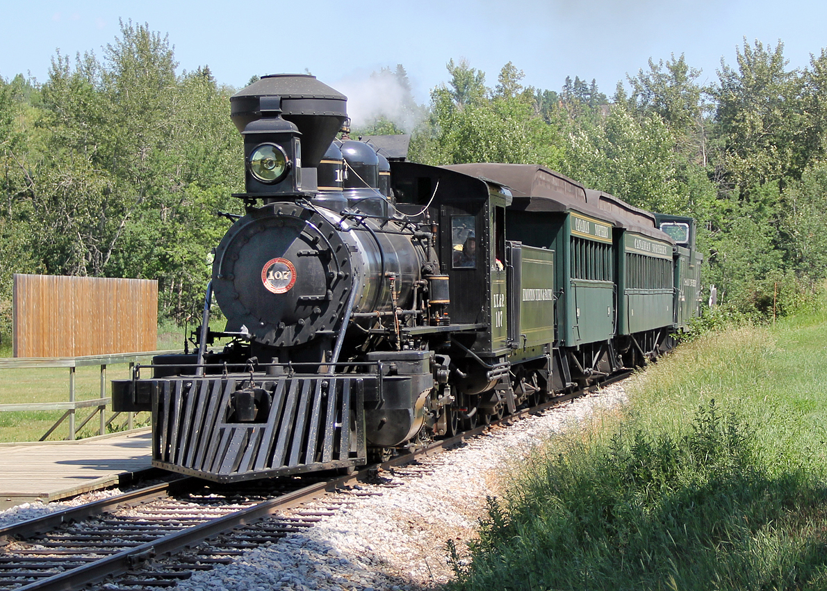 1919 built Baldwin 2-6-2 liveried as Edmonton Yukon and Pacific #107 makes its way round the Fort Edmonton Park circuit. The EY&P was a subsidiary of Canadian Northern and existed in the Edmonton area from around 1902 to 1909.