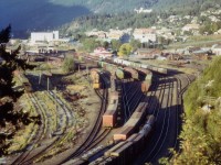 If there was a "time machine" update from this location, I'd sure like to see it. Out in the BC interior I was on vacation with the girlfriend, staying at my grandfathers home in Boswell, about 30 miles away, other side of the water. We headed out for the day; she in anticipation of somewhere 'exciting', but no, she forgot there were train yards in Nelson......... This view I found along Hwy 6 at the west end of town; and I wonder if this location is still as open today. The image was taken late afternoon; and visible dead center is the old Nelson CP station, built in 1900 and after passenger service ended deteriorated to the point it was a wonder vandals didn't torch it. In 1992 it was declared a Heritage Building and I understand it has been restored. On the left barely visible is the famous Nelson Diesel Shop, built 1953, home for the CLC locomotives in the west; after their demise the shop was closed, and what was declared an 'eyesore' was torn down a few years ago. (2010?) This was quite the facility in its' day. Note the string of cabooses (cabeese?) I'd love to know what is left of the facility here.