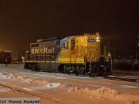 Living in the Toronto area, the idea of a snowstorm in late April is quite novel. In northern Ontario, however, inches of snow on the ground in the spring is nothing unusual. As snow and ice pellets fall, 1601 idles in front of Cochrane station as it waits to switch the stock from the incoming southbound Polar Bear Express.