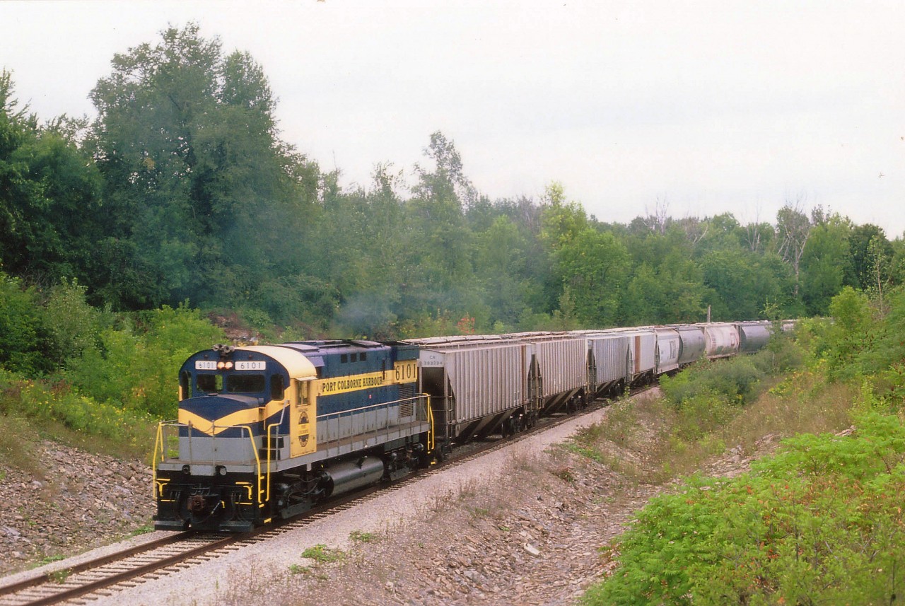 Trillium Rwy began life in Niagara as the Port Colborne Harbour Railway, and is but 3 months into its' existence when this photo was taken. The ALCO C-425 was the "start-up" power, having come from the New York & Lake Erie Rwy and appropriate decals for the PCHR slapped on the flanks. The locomotive was returned to the NYLE in 2001 and currently the unit, now in Delaware-Lackawanna paint, has operated out of the D-L in Scranton, PA since its' arrival there in  2007. The image here is of the train southward into "The Port" having just worked the WH yard, which was the principal yard for PCHR at the time, about 3.5 track-miles back.