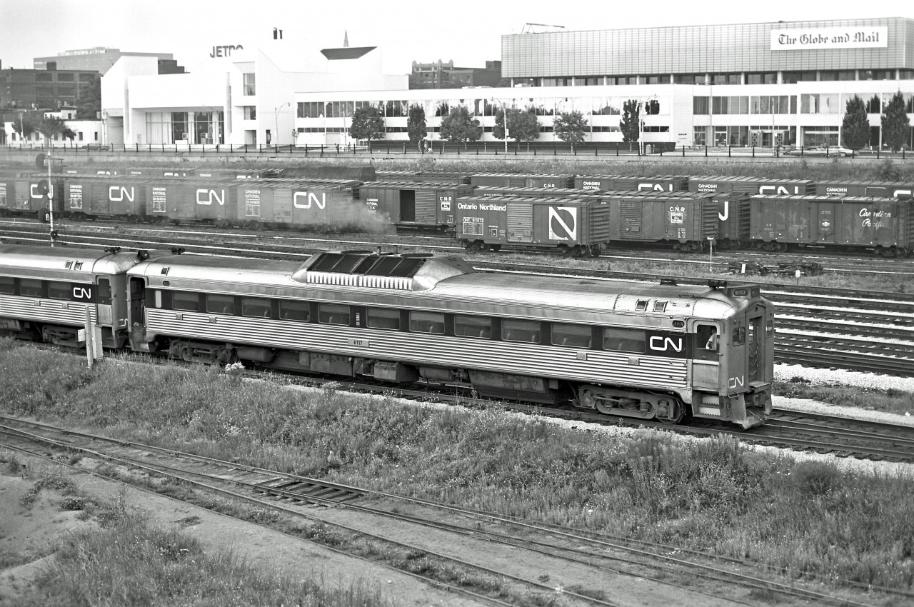Built in 1955, RDC-1 #6117 is shown near Toronto's Union Station, circa 1976.