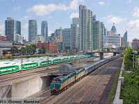 The eastbound Canadian has arrived in Toronto and its passengers have detrained. The empty consist is seen heading to the VIA Toronto Maintenance Centre, where it will be cleaned and restocked in preparation for the westbound departure in just under 12 hours.