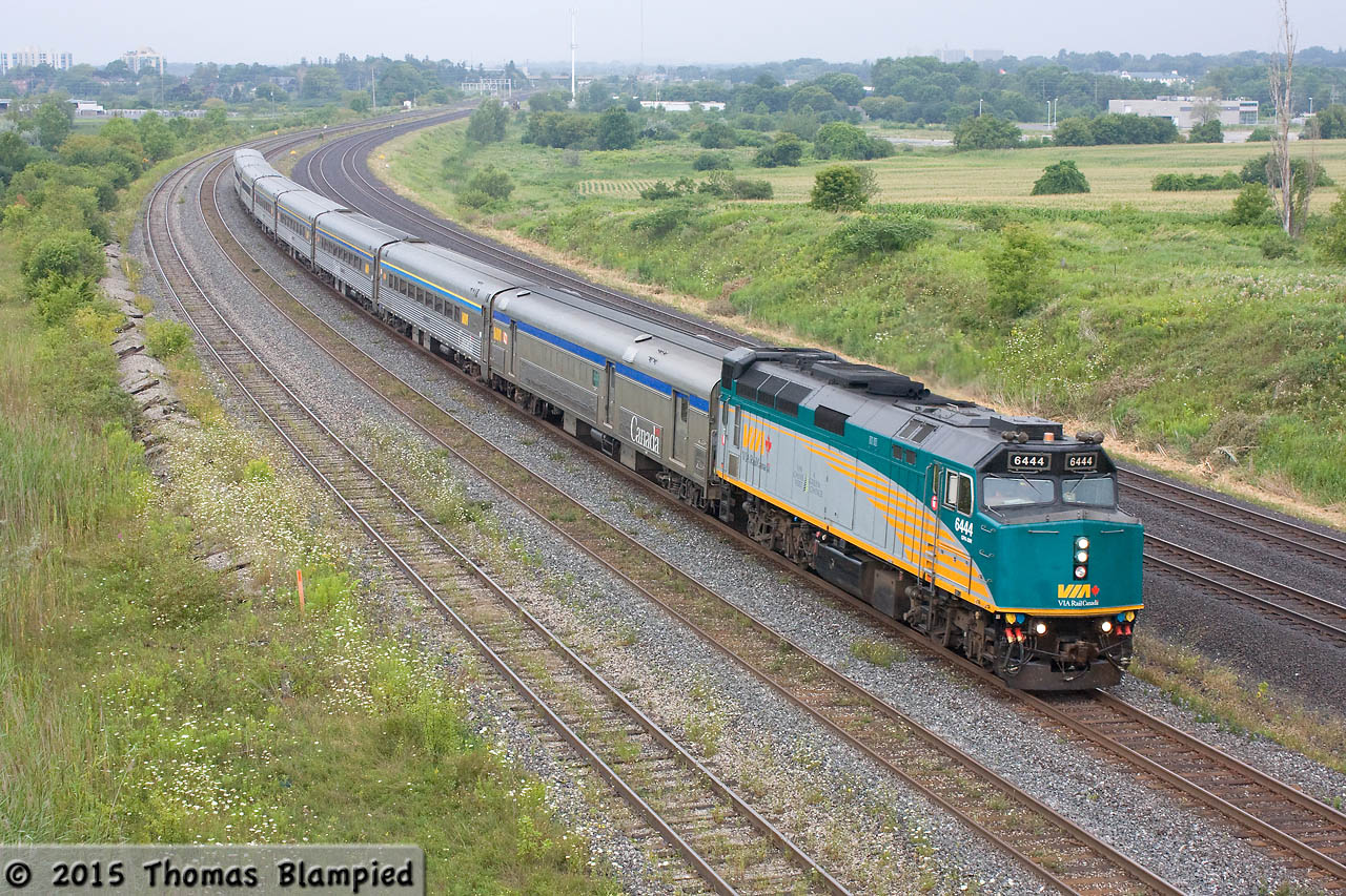 A lot has changed in the nearly five years since this image was taken. It was raining when I shot this photo of VIA 60 heading for Oshawa, but the rebuilt F40s were still few and far between in the Toronto area and I wanted to see one paired with a Budd consist. The field in the background was just that: a field. It is now a construction site and will eventually be the site of GO Transit's new East Rail Maintenance Facility.   Of course, the most poignant change is that VIA 6444 is no more. In February 2012, the locomotive derailed east of Aldershot while pulling train 92. 6444 derailed and hit a building, the impact killing all three of the crew in the cab. The locomotive was subsequently written-off. The TSB investigation found that excessive speed through a crossover caused the crash, but the reason for the speed will always be a mystery.