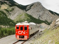 CN’s RDC-1 1501 has reached the “End of Track” sign at Mile 46 of CN’s Mountain Park Sub, west of Cadomin. After the crew has finished ending the test in the computer, they will change ends and head back to Leyland before testing the Luscar Industrial Spur