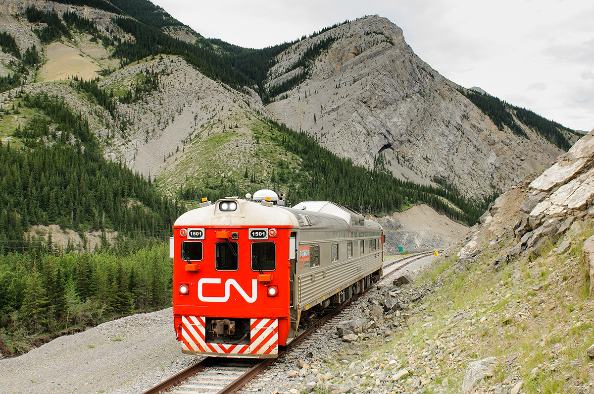 Running under FRMN Stevens' protection, CN's RDC-1 1501 has paused at Mile 40 of CN's Foothills Sub to reset the computers before testing the rest of the line to Coal Valley.