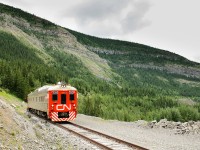 Running under FRMN Stevens' protection, CN's RDC-1 1501 has reached the "End of Track" sign at Mile 46 of CN's Mountain Park Sub, west of Cadomin. After the crew has finished ending the test in the computer, they will change ends and head back to Leyland before testing the Luscar Industrial Spur.