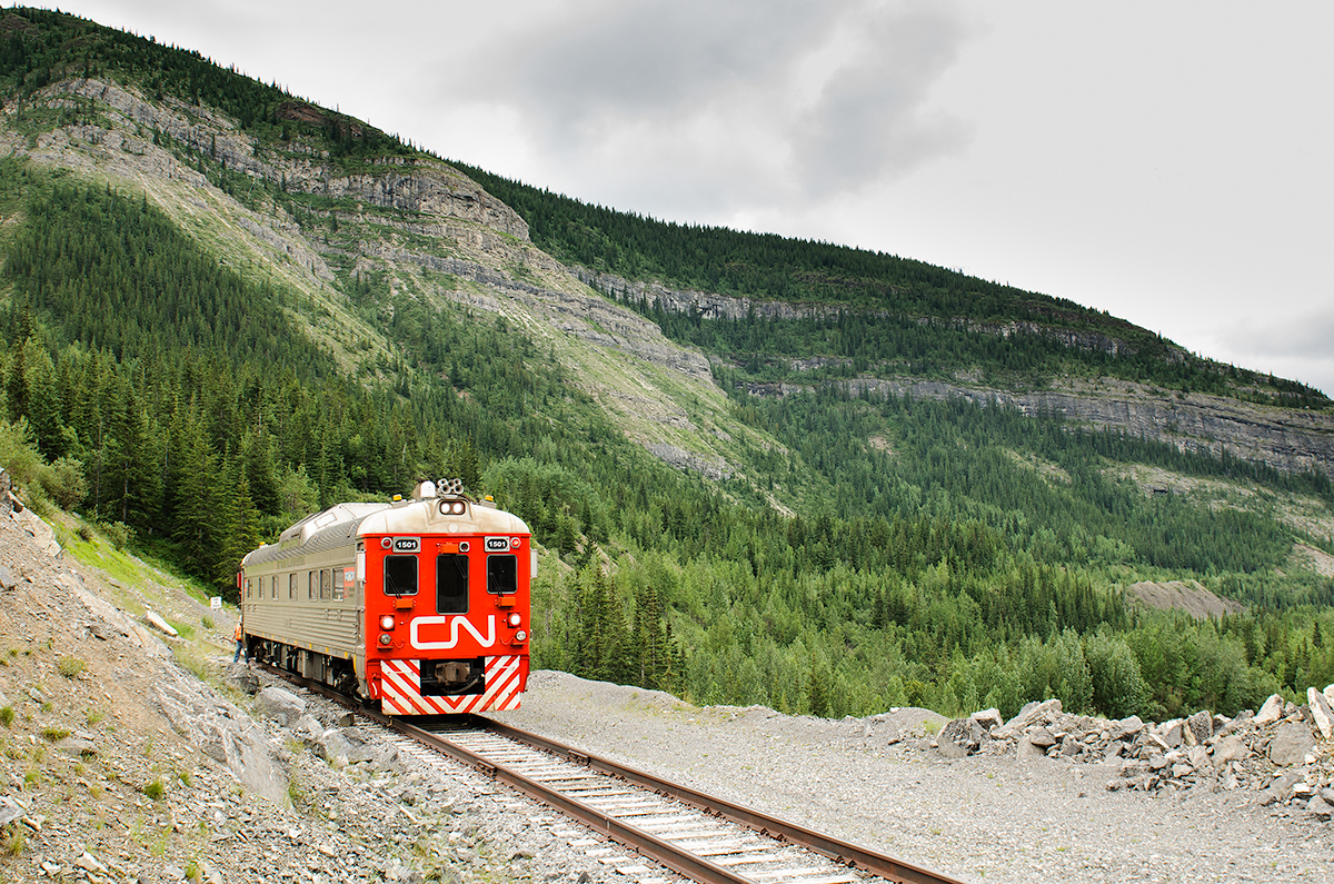 Running under FRMN Stevens' protection, CN's RDC-1 1501 has reached the "End of Track" sign at Mile 46 of CN's Mountain Park Sub, west of Cadomin. After the crew has finished ending the test in the computer, they will change ends and head back to Leyland before testing the Luscar Industrial Spur.