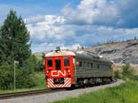 Running under FRMN Stevens' protection, CN's RDC-1 1501 has paused at Mile 40 of CN's Foothills Sub to reset the computers before testing the rest of the line to Coal Valley.