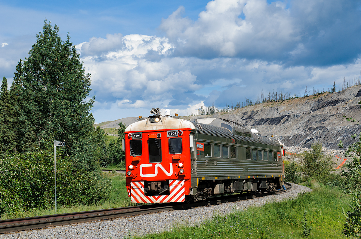Running under FRMN Stevens' protection, CN's RDC-1 1501 has paused at Mile 40 of CN's Foothills Sub to reset the computers before testing the rest of the line to Coal Valley.