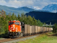 Still quite clean, CN ES44AC 2959 hustles empty coal buckets east on the Edson Sub.