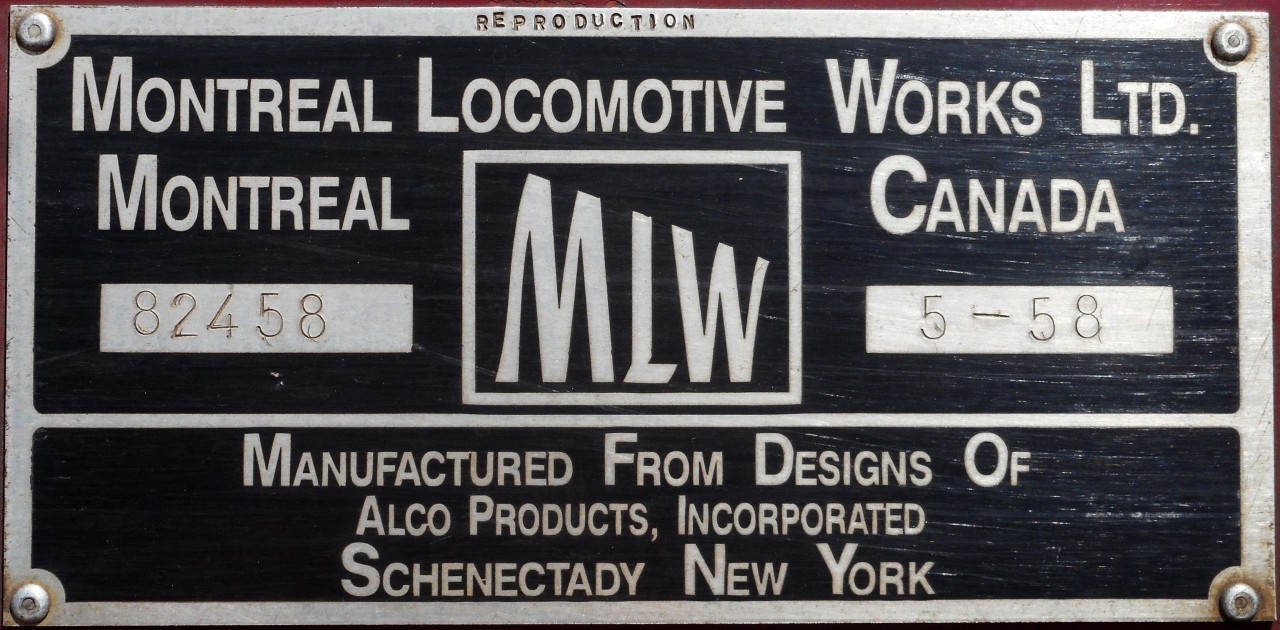 The builder's plate of OSR MLW RS-18u 181.  Formerly CPR 1861.  Formerly CPR RS-18 8777.  Built May, 1958,serial #82458.  The model RS-18 is derived from the ALCO model RS-11.