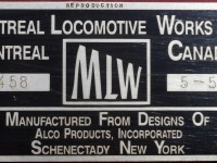 The builder's plate of OSR MLW RS-18u 181.  Formerly CPR 1861.  Formerly CPR RS-18 8777.  Built May, 1958,serial #82458.  The model RS-18 is derived from the ALCO model RS-11.