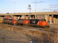 It's all GMD power as CN 4139 & CN 9513 on the left are switching some intermodal cars, while CN 5343 & CN 9530 await a new crew at Turcot West (crew change spot in Montreal) before continuing west in 2007.