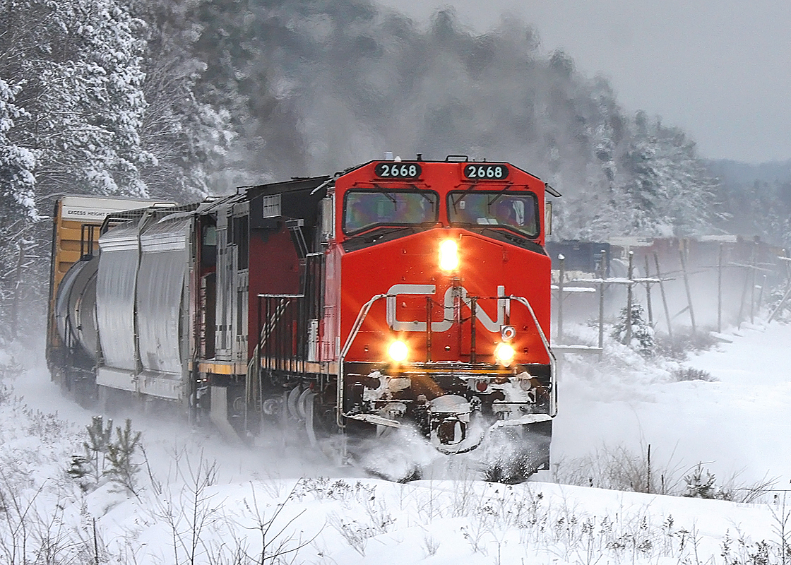 CN 451 is kicking up snow and heat waves as it barrels up the Newmarket Sub back in January of 2013.