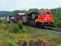 A shiny new GE Tier 4 compliant locomotive leads CN 451 up the Newmarket Sub on a not-so-shiny day. The GP9 trailing is the power for the Huntsville local returning home from weekend maintenance in MacMillan Yard, 451's point of origin. I believe these new locos are officially named ET44AC