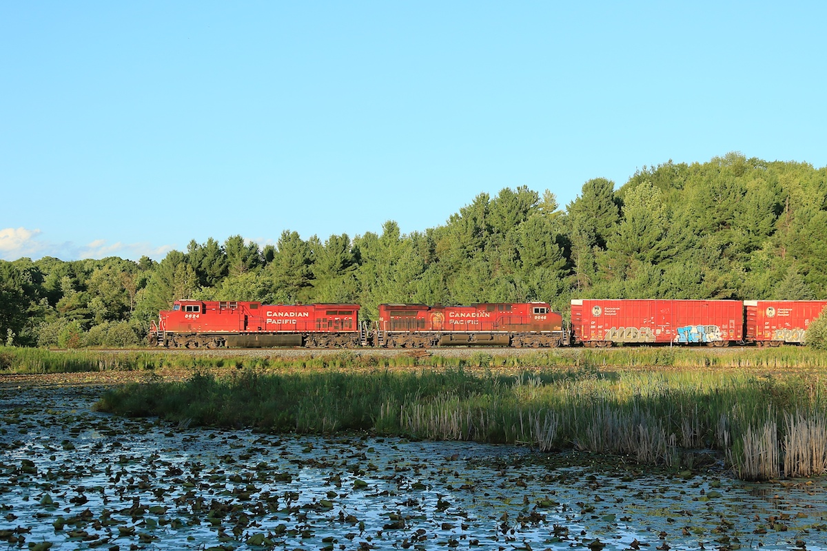 A couple of GE 4400s bring this northbound freight through Caledon as the lengthening shadows mark the end of a beautiful day.