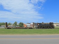 After delivering a load of steel plate for TIW Steel Plateworks, TRRY 108 pushes an empty flatcar back towards the NS&T Spur where they will reattach to the rest of her train.  In the background is the Trenergy factory, a local industry that is fabricating and assembling shells for the new DOT-111 (CTC-111A) tank cars.