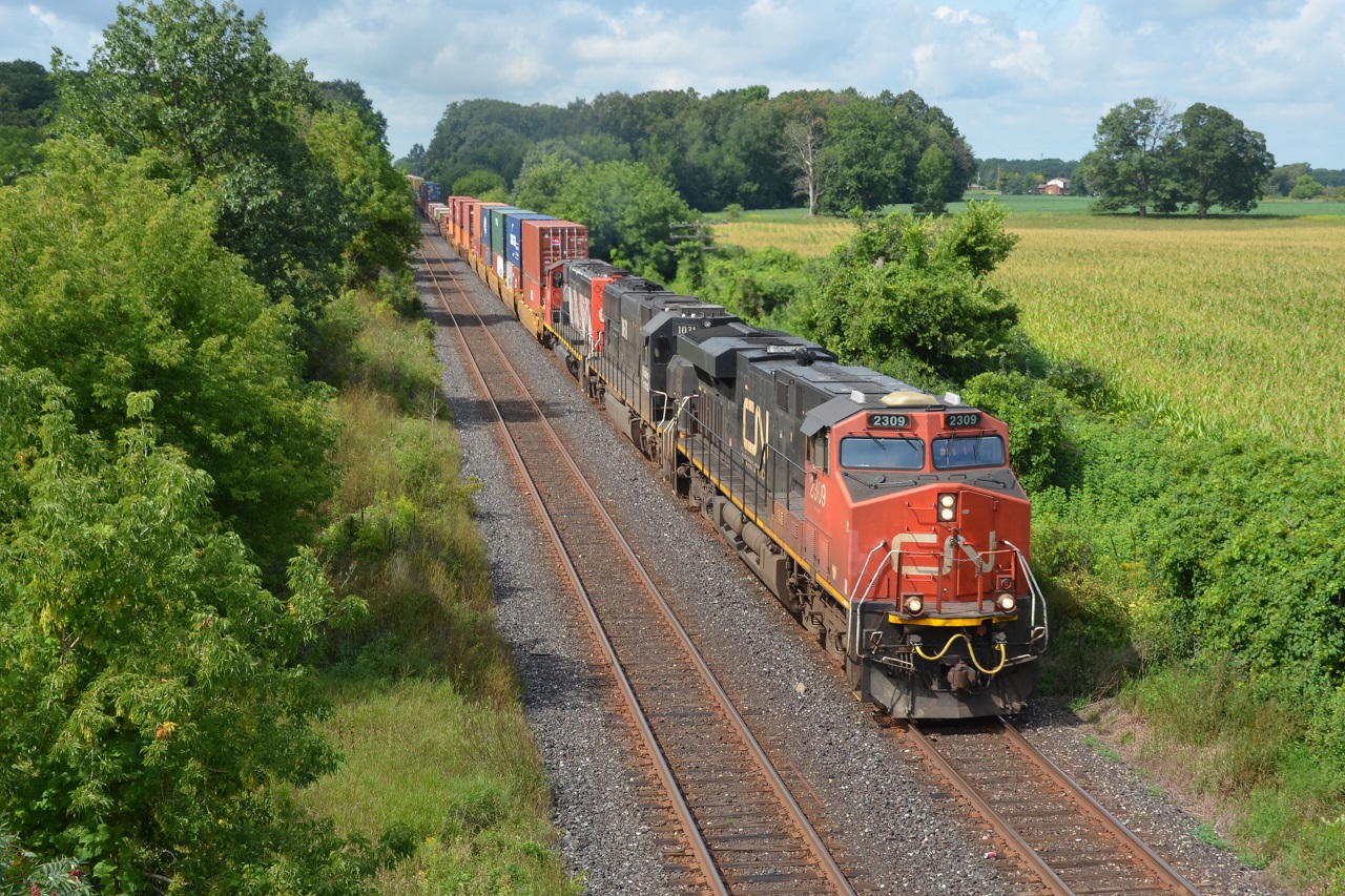 CN Q148 heads East under Frank Lane and was one of the only morning eastbounds. I would find out later that CN switched out this power to 2 ES44ACs once in Toronto.