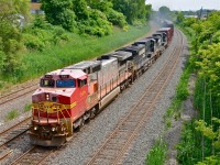 A late CN 529 has BNSF 948 in faded warbonnet paint leading. Trailing is NS 9412 & NS 9713.
