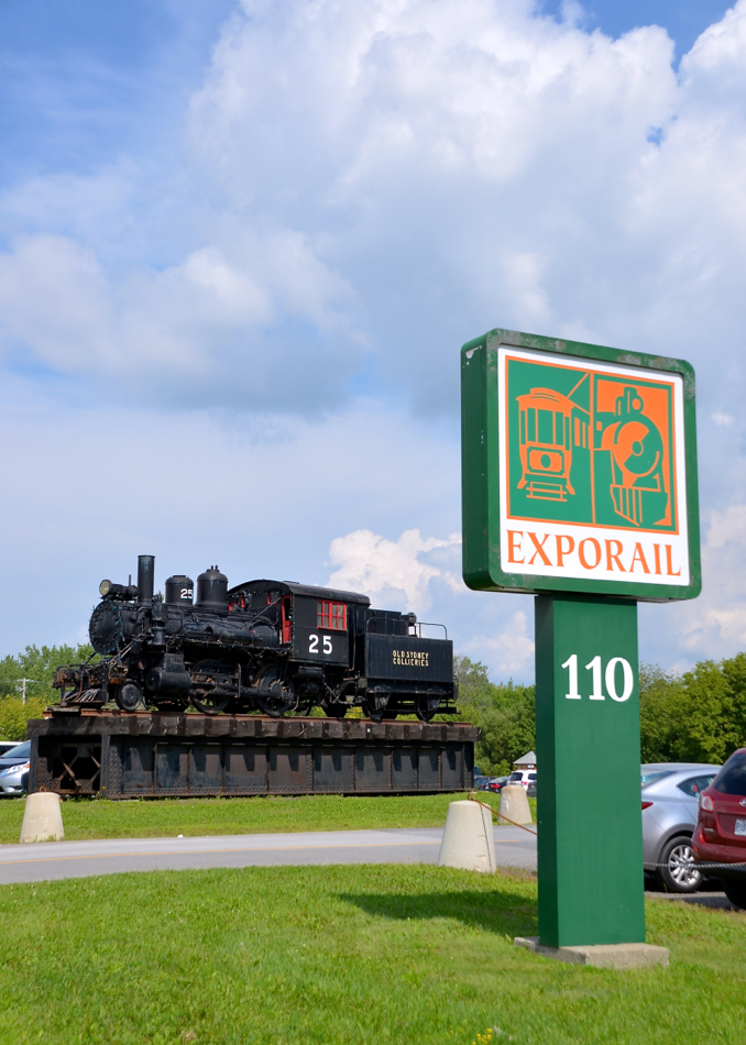 At the entrance to Exporail. It's hard to miss the entrance to the Canadian Railway Museum , as a steam engine is situated at the edge of the parking lot. The steam engine was built by Baldwin in 1900 as a 2-4-0T called E.E. Bigge for Nova Scotia Steel & Coal and was not retired until 1962.