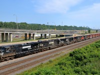 CN 529 has 3 NS & 2 CN units (NS 9571, NS 2538, NS 9634, IC 2714 & CN 8862) as it approaches Turcot West in Montreal