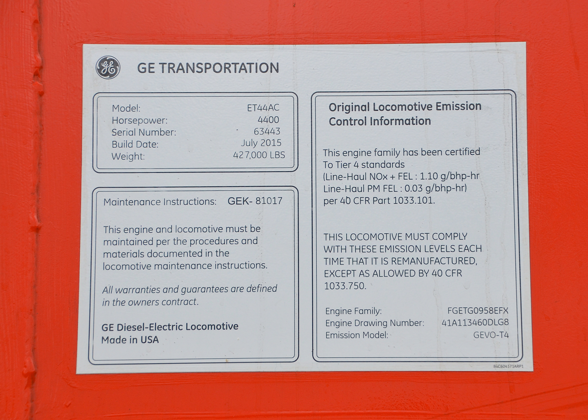 'This engine family has been certified To Tier 4 standards.' As demonstrated by the builders plate on brand new GE ET44AC CN 3004 (on display at Joffre yard for CN family day), this engine is certified To Tier 4 standards.