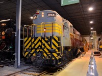 <b>A trio, all built in Kingston.</b> Three products of the CLC (Canadian Locomotive Company) works in Kingston, Ontario are on display at Exporail. Left to right are 2-10-2 CN 4100 (built 1924), H24-66 Train Master CP 8905 (built 1956) and pioneer diesel switcher CN 77 (built 1929).