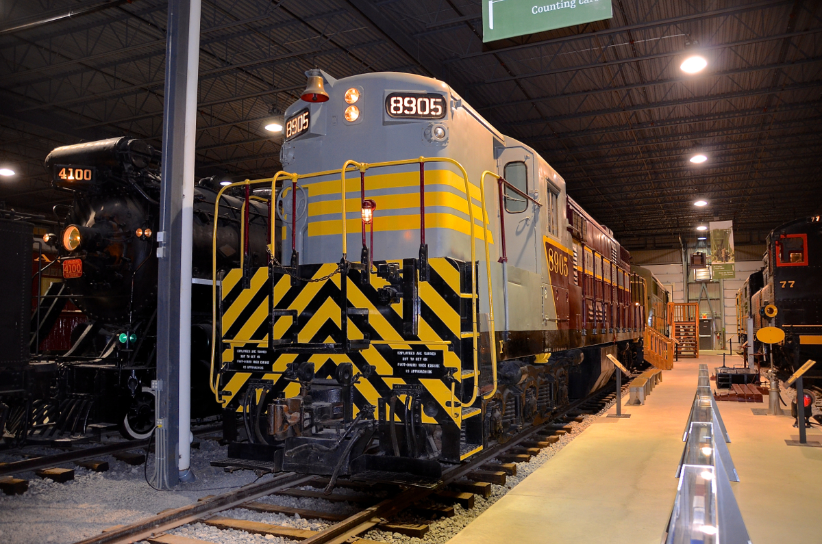 A trio, all built in Kingston. Three products of the CLC (Canadian Locomotive Company) works in Kingston, Ontario are on display at Exporail. Left to right are 2-10-2 CN 4100 (built 1924), H24-66 Train Master CP 8905 (built 1956) and pioneer diesel switcher CN 77 (built 1929).