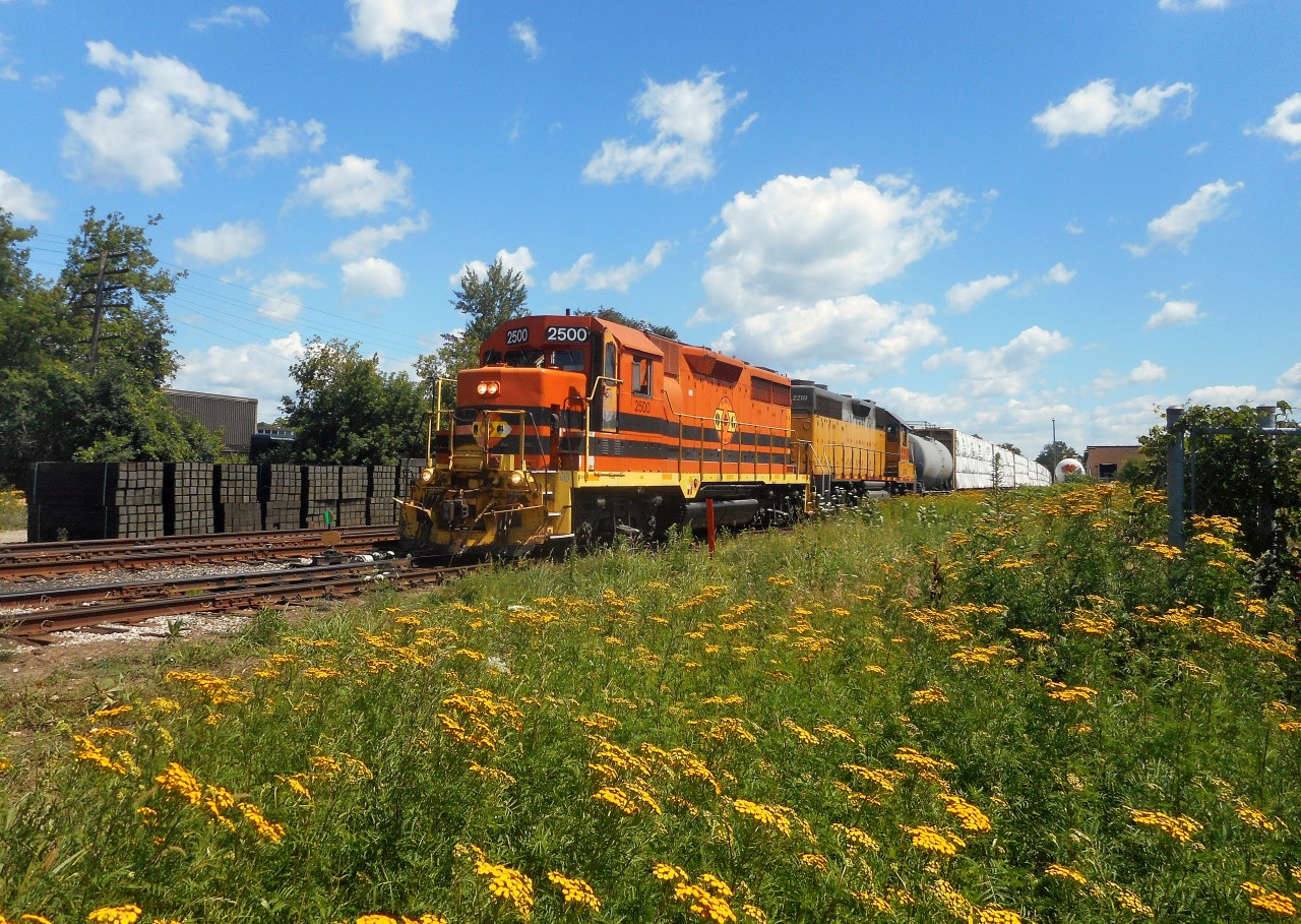 The first orange unit ever on the Fergus spur.  GEXR 2500, still with QGRY lettering, and 2210 have 11 cars, and are ready to depart Guelph for Cambridge.
