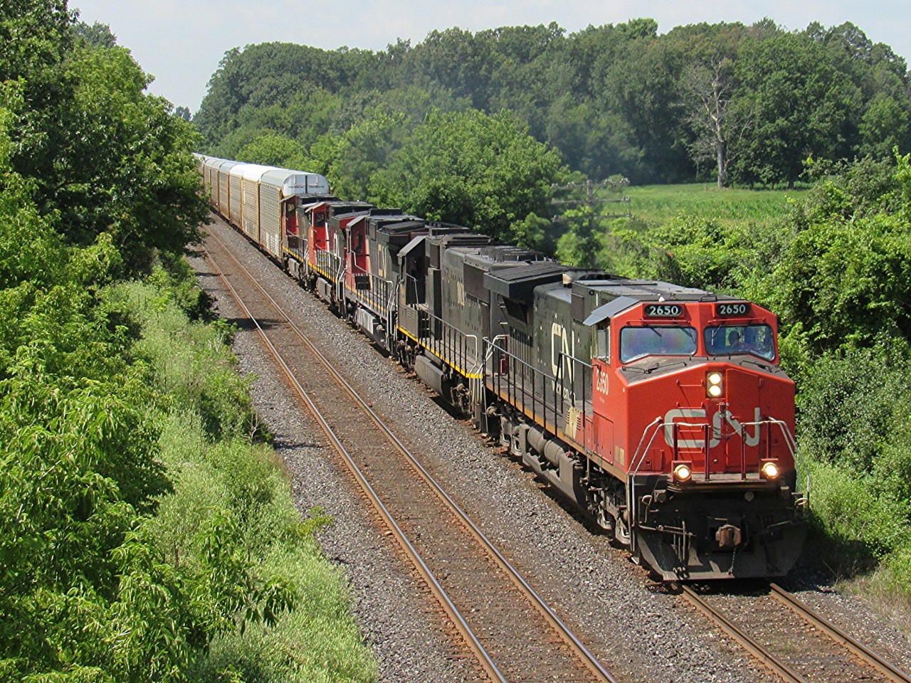 Canadian National eastbound mixed freight, M382 passes under the Frank Lane bridge on the CN Strathroy Subdivision. 382 had an interesting lash up for that day. Including an Illinois Central SD70 in second. This was the most anticipated train of the day for the fellow railfans and I at Frank Lane.