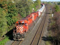 Setting the not-so-wayback machine to 2010, we see a pair of CP SD40-2's (CP 5903 & CP 5991) heading west through Beaconsfield with an intermodal train. Since then SD40-2's have become much rarer on CP and the searchlight signals in the background have been replaced.