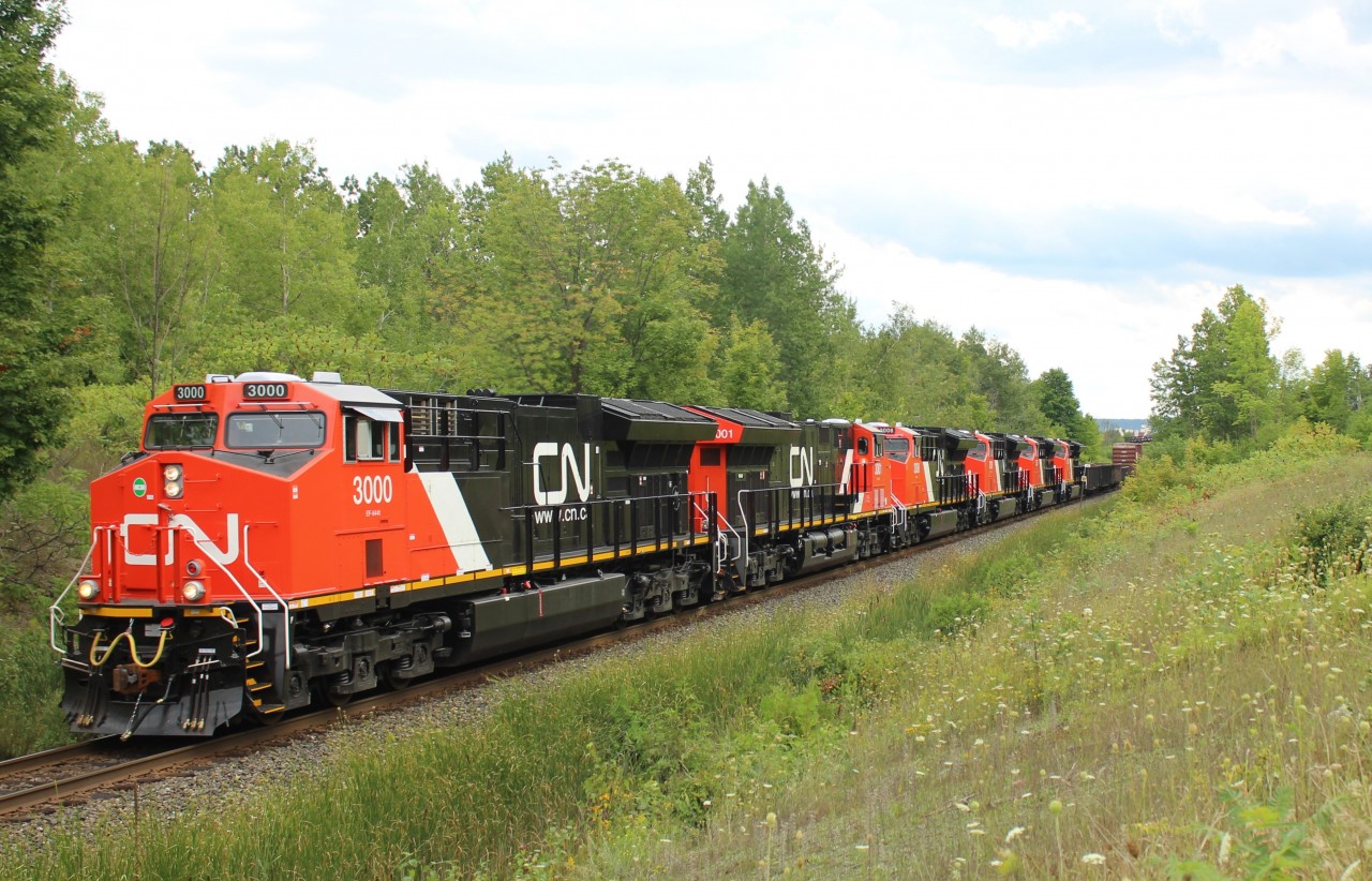 A sextuplet of newly delivered, and soon to be delivered locomotives, reaches MM30 on the Halton sub on a cloudy afternoon, with CN 3000 leading  CN 3001, CN 3008, CN 3009, CN 3005 and CN 3003 hauling a mixed load of freight.