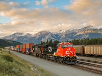 The first one of CN's new ET44AC Tier 4 GEVOs to make it west of Winnipeg climbs into the yard at Jasper with train Q105 from Toronto.  