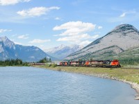 The Hinton-Jasper turn L513 speeds through Henry House behind GTW SD40-3 5949, BCOL C44-9W 4644, CN ES44AC 2800, BCOL C40-8M 4624, CN ES44AC 2974 and CN SD70M-2 8898. They had 149 cars on the drawbar, 9,102' long.