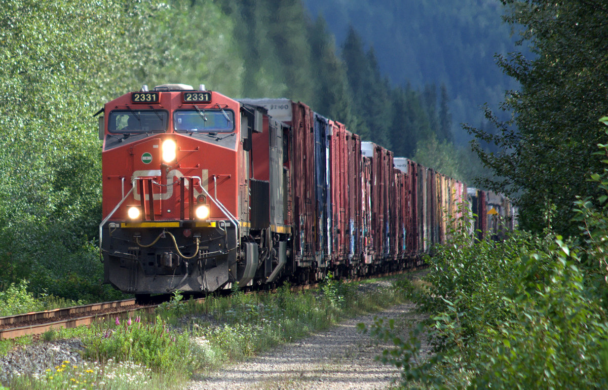 CN 2331 plays peek-a-boo with the sun as it climbs out of the valley to Blue River.