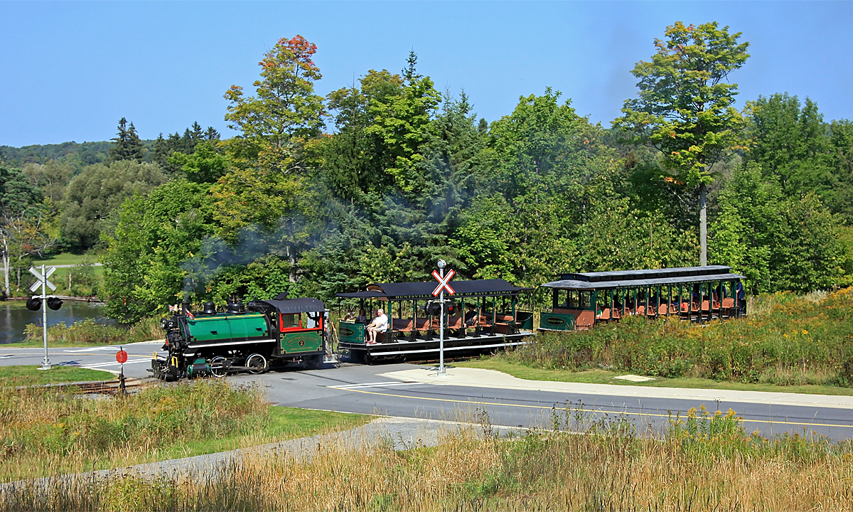 The Portage Flyer crosses Forbes Hill Drive returning home from its first run of the last day of steam operations for 2015.