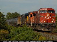 CP 9591 has an old SD40-2 Soldier and a CSX GEVO in tow at Elmstead, Ontario on September 16th, 2015 as they lead what they called on the radio as 550.  Sadly the train is stopped due to power issues with the new leading unit and they could not get the train moving for quite some time tying up Manning Road for almost a 1/2 hour!!