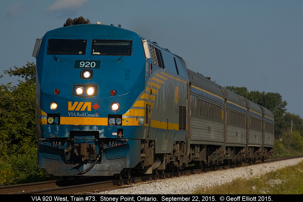 VIA 920 hustles train #73 down the VIA Chatham Subdivision at MP 81, near Stoney Point, Ontario, on September 22, 2015.  My 5 year old daughter was with me and said after the train went by that, "That train was going faster than a Hula dancer running away from a bear that was trying to eat her!!".  Not sure exactly how fast that is, but I thought the description was hilarious!!