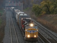 Remembrance day 2008....most of the foreign power years of 2005 - 2007 on CN here had dried up into 2008...then there was this one-off, Nov 11 2008, EB 398 with UP 4753 leading working up the hill out of Bayview.