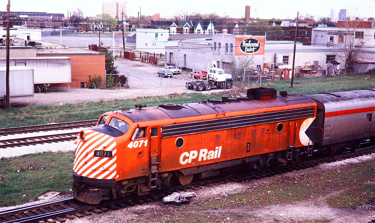 The Canadian departs West Toronto. Photo taken by my Brother from the overhead crane. Back in those days you could pretty much wander anywhere.
