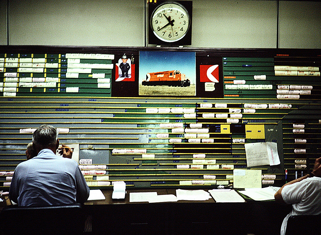 The Power assignment board in the diesel shop in the days before computers. A card for every locomotive on the site. Taken during a tour. One of my Brothers shots.