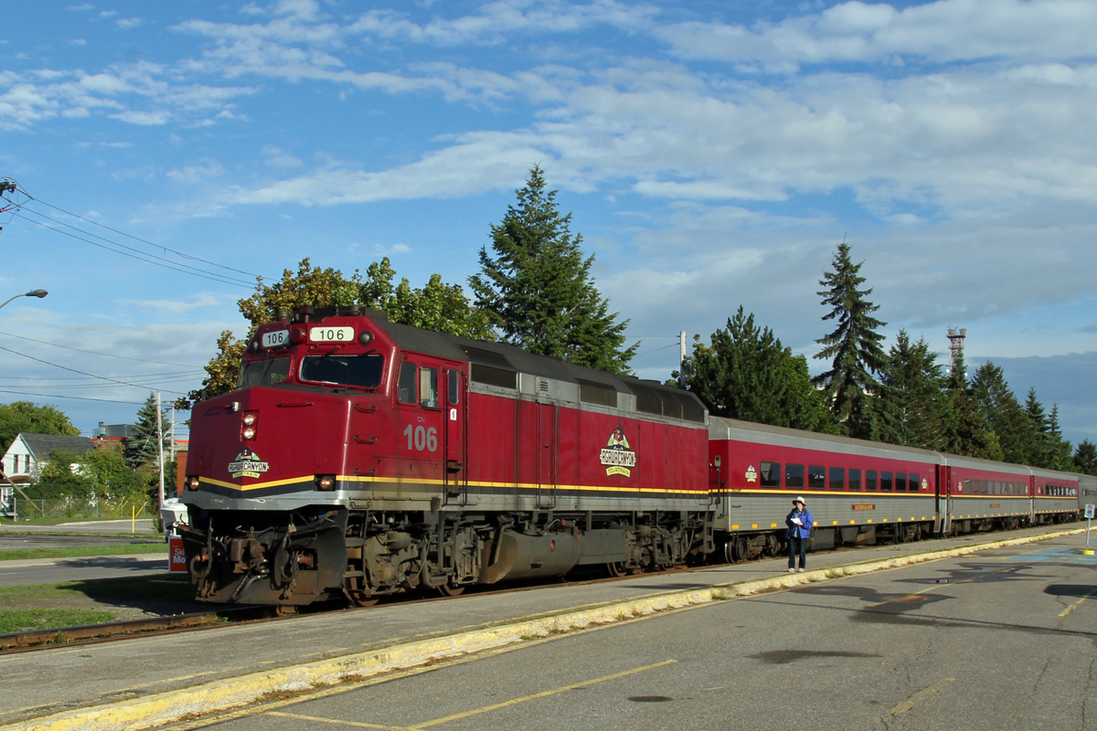 F40PHR CN 106 leads the Algoma Central Tourist Train out of the station away to the service sidings after the days run.