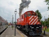<b>Got MLW smoke?</b> As part of the diesel weekend festivities, MLW M630 CP 4563 is air started, resulting in the traditional plume of Alco/MLW smoke. 
