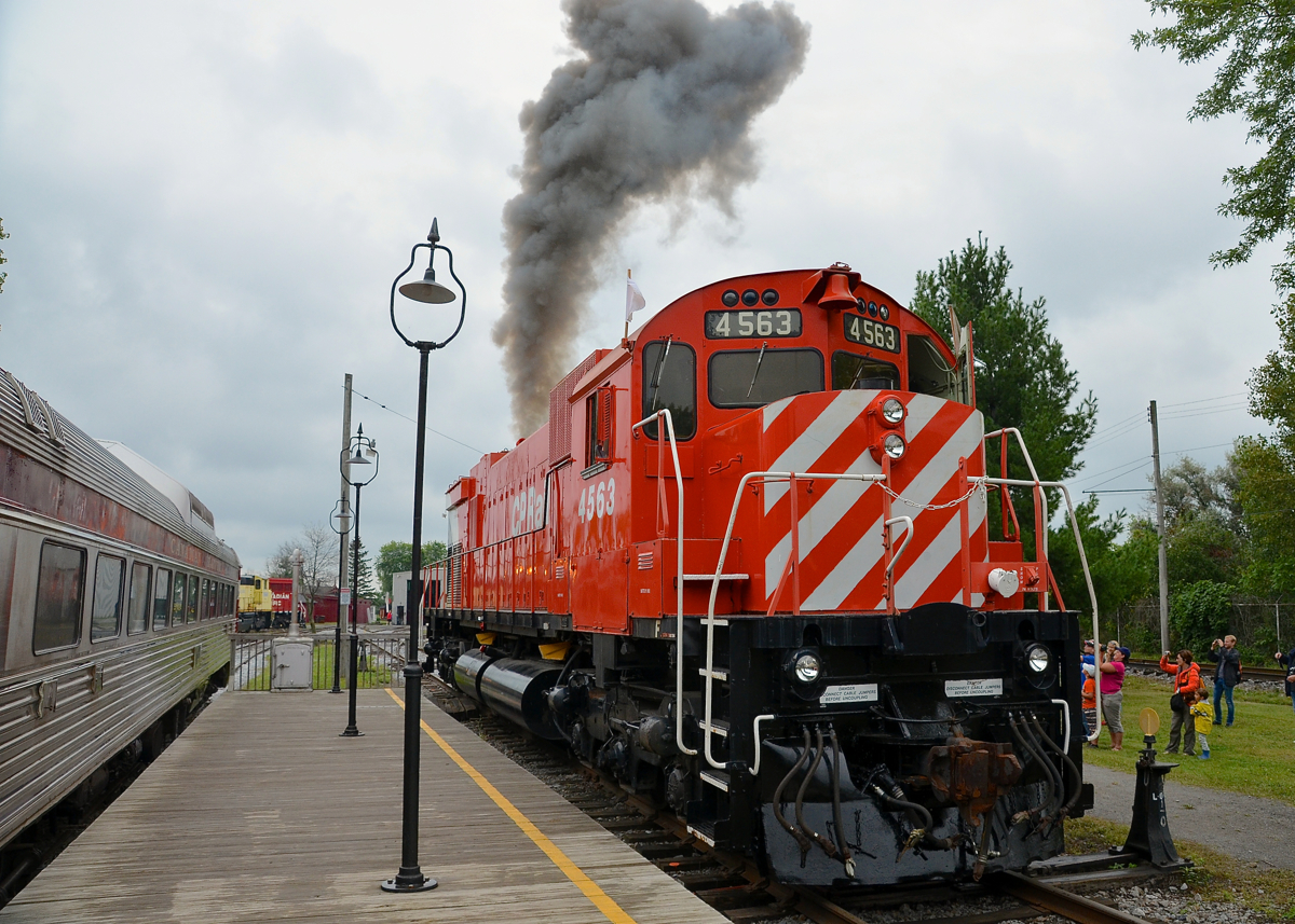 Got MLW smoke? As part of the diesel weekend festivities, MLW M630 CP 4563 is air started, resulting in the traditional plume of Alco/MLW smoke.